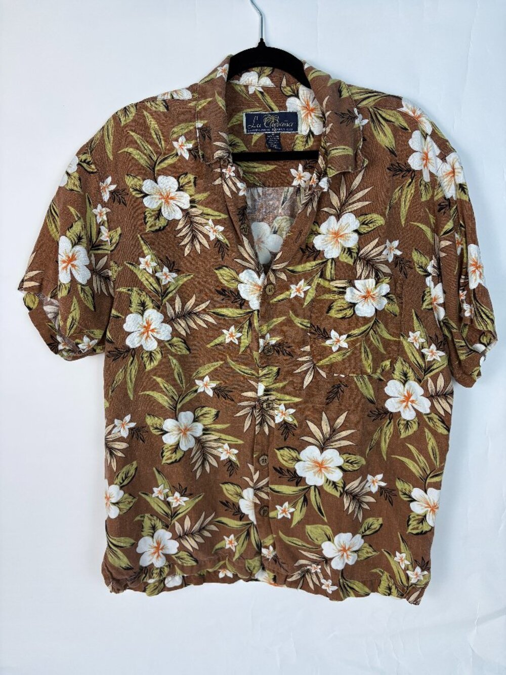 La Cabana Hawaiian Camp Shirt Men's M Brown Floral Linen Blend Tropical Aloha